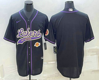 Men's Los Angeles Lakers Blank Black With Patch Cool Base Stitched Baseball Jersey
